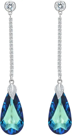 EleQueen 925 Sterling Silver CZ Teardrop Leaf Long Dangle Earrings Made with Austrian Crystal for Women, Valentine's Day/Mother's Day/Christmas Jewelry Gift