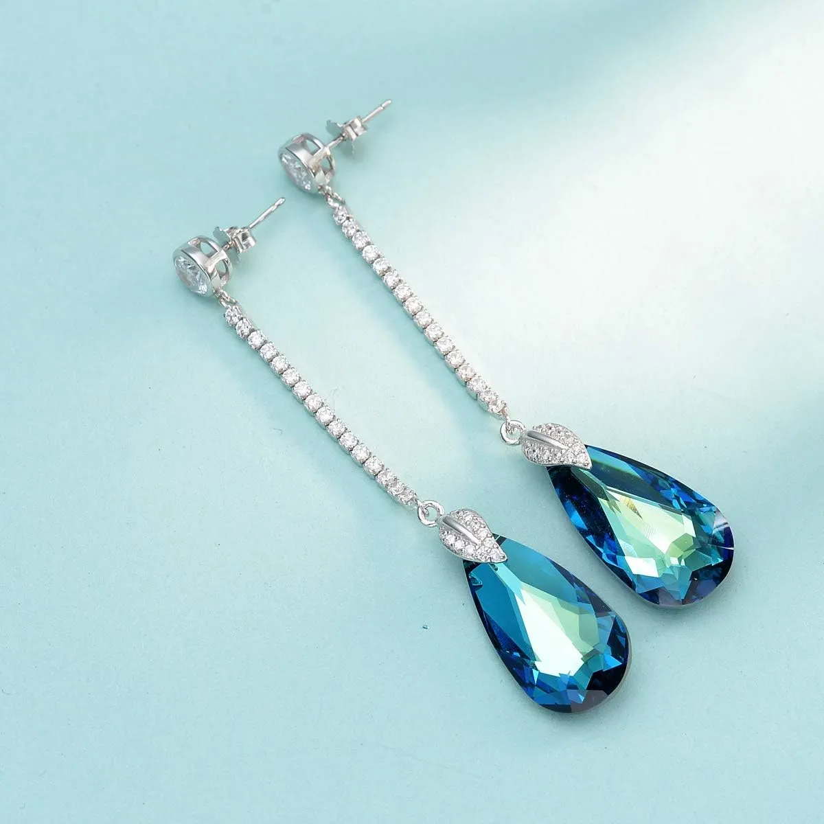 EleQueen 925 Sterling Silver CZ Teardrop Leaf Long Dangle Earrings Made with Austrian Crystal for Women, Valentine's Day/Mother's Day/Christmas Jewelry Gift