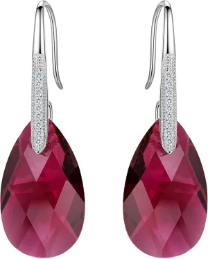 EleQueen 925 Sterling Silver CZ Teardrop Shepherd Hook Dangle Earrings Fuchsia Made with Austrian Crystal for Women Girl, Valentine's Day/Mother's Day/Christmas Jewelry Gift for Girlfriend/Mom