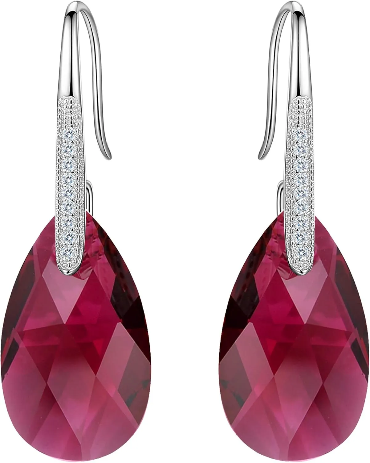 EleQueen 925 Sterling Silver CZ Teardrop Shepherd Hook Dangle Earrings Fuchsia Made with Austrian Crystal for Women Girl, Valentine's Day/Mother's Day/Christmas Jewelry Gift for Girlfriend/Mom
