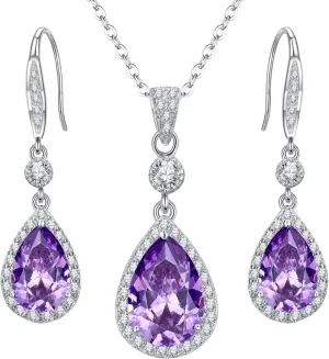 EleQueen 925 Sterling Silver Full Cubic Zirconia Teardrop Bridal Pendant Necklace Hook Dangle Earrings Sets for Women, Valentine's Day/Mother's Day/Christmas Jewelry Gift