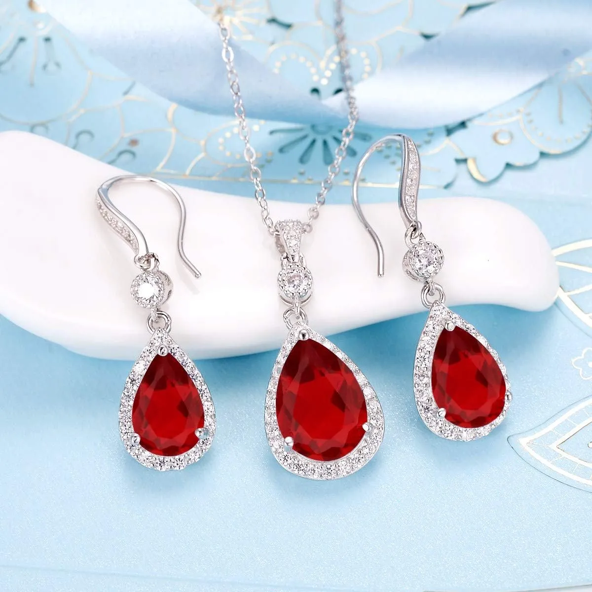EleQueen 925 Sterling Silver Full Cubic Zirconia Teardrop Bridal Pendant Necklace Hook Dangle Earrings Sets for Women, Valentine's Day/Mother's Day/Christmas Jewelry Gift