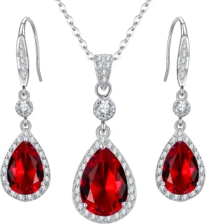 EleQueen 925 Sterling Silver Full Cubic Zirconia Teardrop Bridal Pendant Necklace Hook Dangle Earrings Sets for Women, Valentine's Day/Mother's Day/Christmas Jewelry Gift