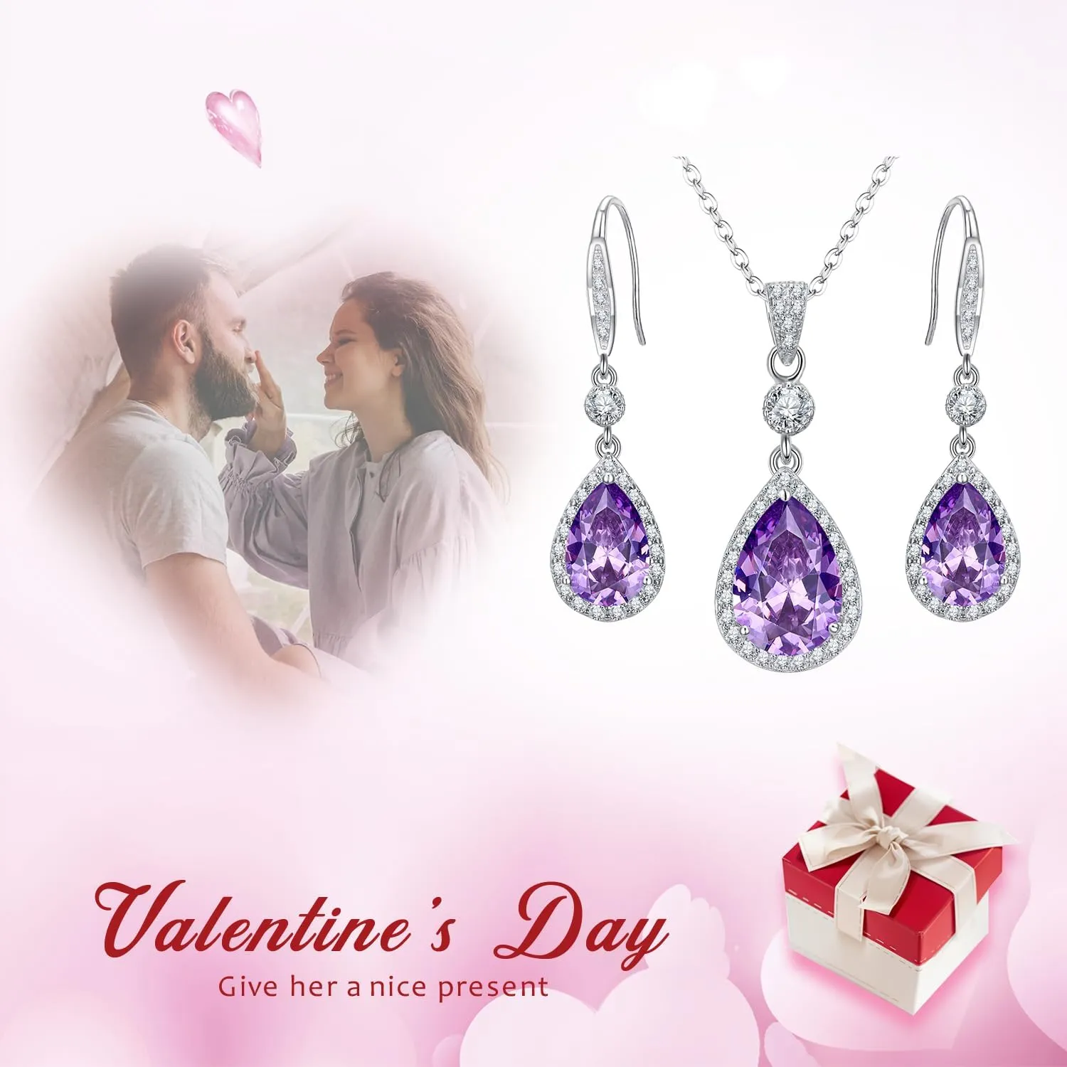 EleQueen 925 Sterling Silver Full Cubic Zirconia Teardrop Bridal Pendant Necklace Hook Dangle Earrings Sets for Women, Valentine's Day/Mother's Day/Christmas Jewelry Gift