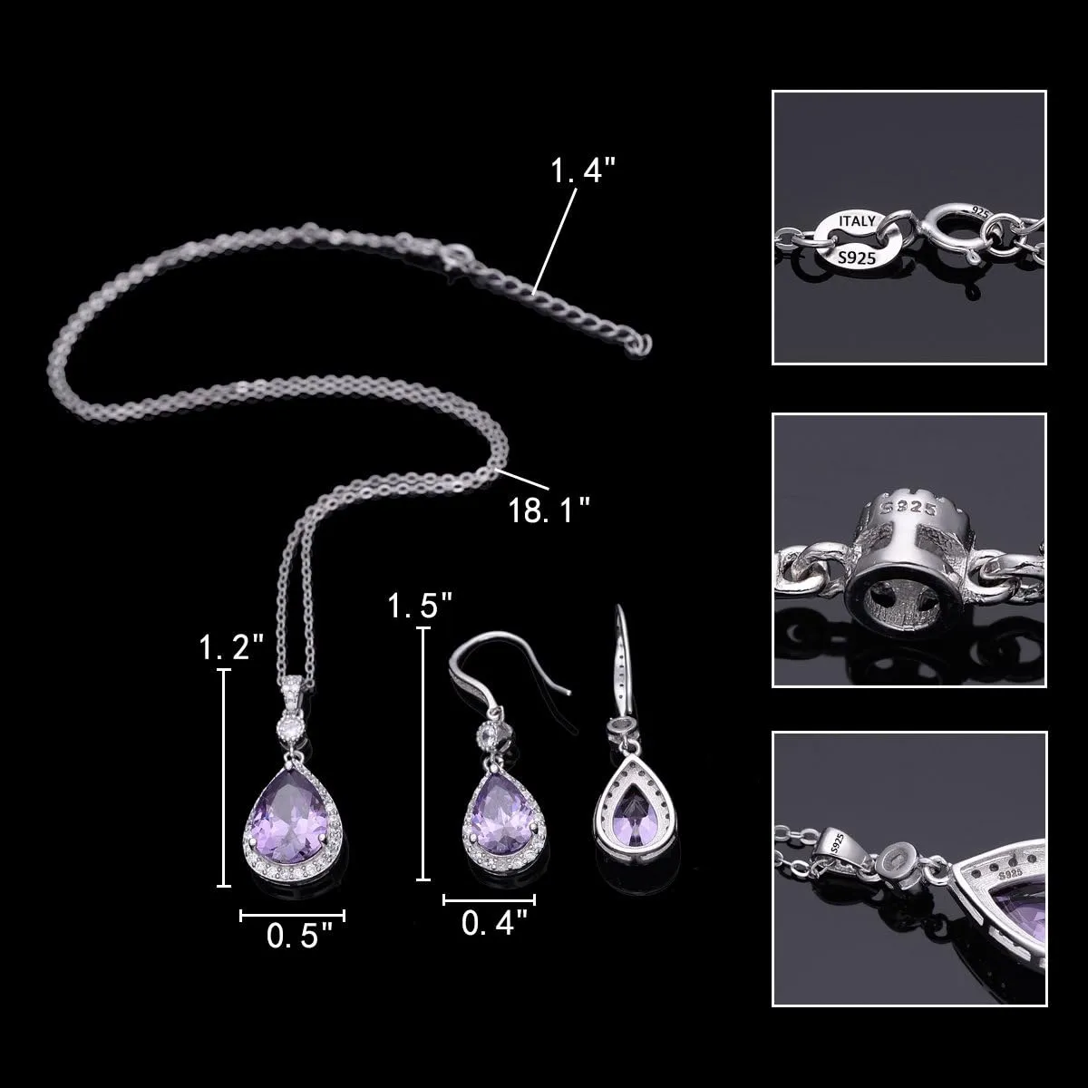 EleQueen 925 Sterling Silver Full Cubic Zirconia Teardrop Bridal Pendant Necklace Hook Dangle Earrings Sets for Women, Valentine's Day/Mother's Day/Christmas Jewelry Gift