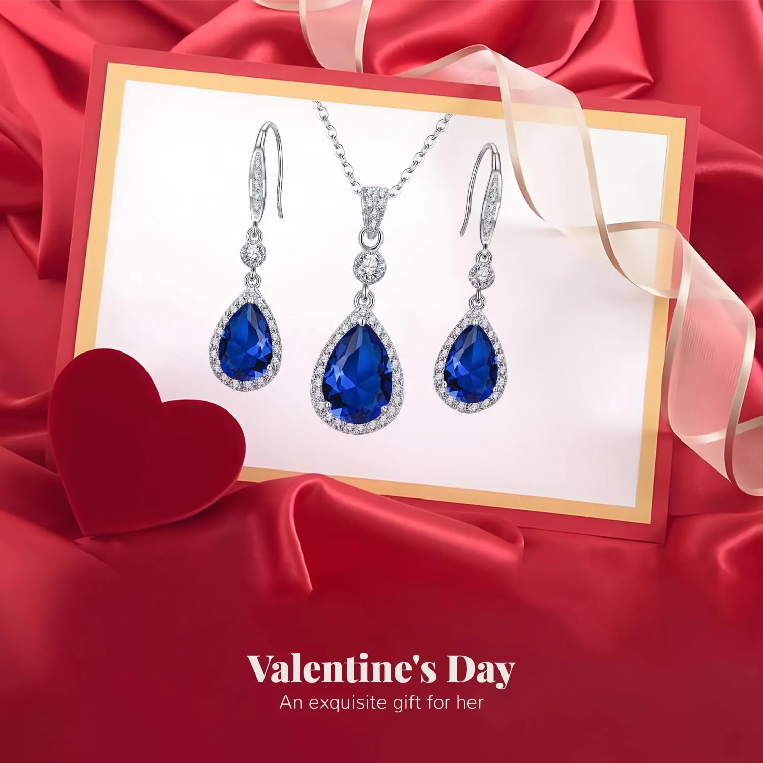 EleQueen 925 Sterling Silver Full Cubic Zirconia Teardrop Bridal Pendant Necklace Hook Dangle Earrings Sets for Women, Valentine's Day/Mother's Day/Christmas Jewelry Gift