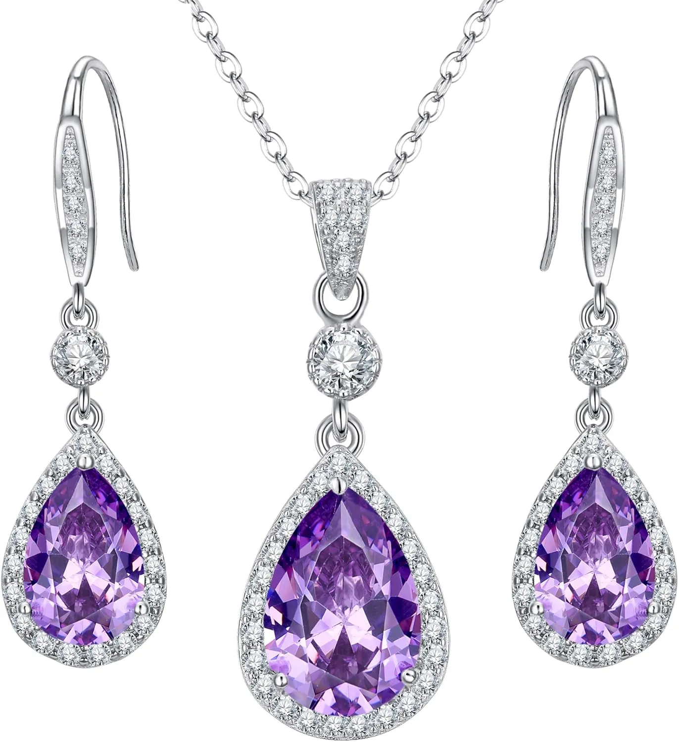 EleQueen 925 Sterling Silver Full Cubic Zirconia Teardrop Bridal Pendant Necklace Hook Dangle Earrings Sets for Women, Valentine's Day/Mother's Day/Christmas Jewelry Gift