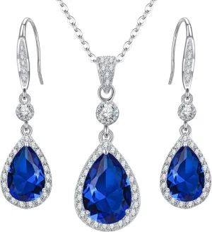 EleQueen 925 Sterling Silver Full Cubic Zirconia Teardrop Bridal Pendant Necklace Hook Dangle Earrings Sets for Women, Valentine's Day/Mother's Day/Christmas Jewelry Gift