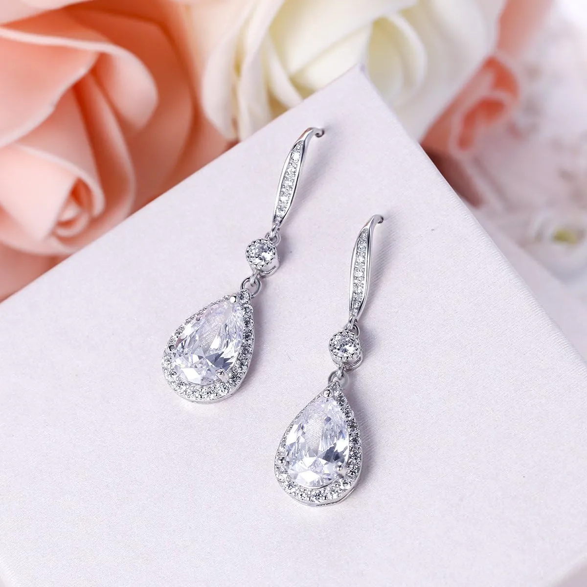 EleQueen 925 Sterling Silver Full Cubic Zirconia Teardrop Bridal Pendant Necklace Hook Dangle Earrings Sets for Women, Valentine's Day/Mother's Day/Christmas Jewelry Gift