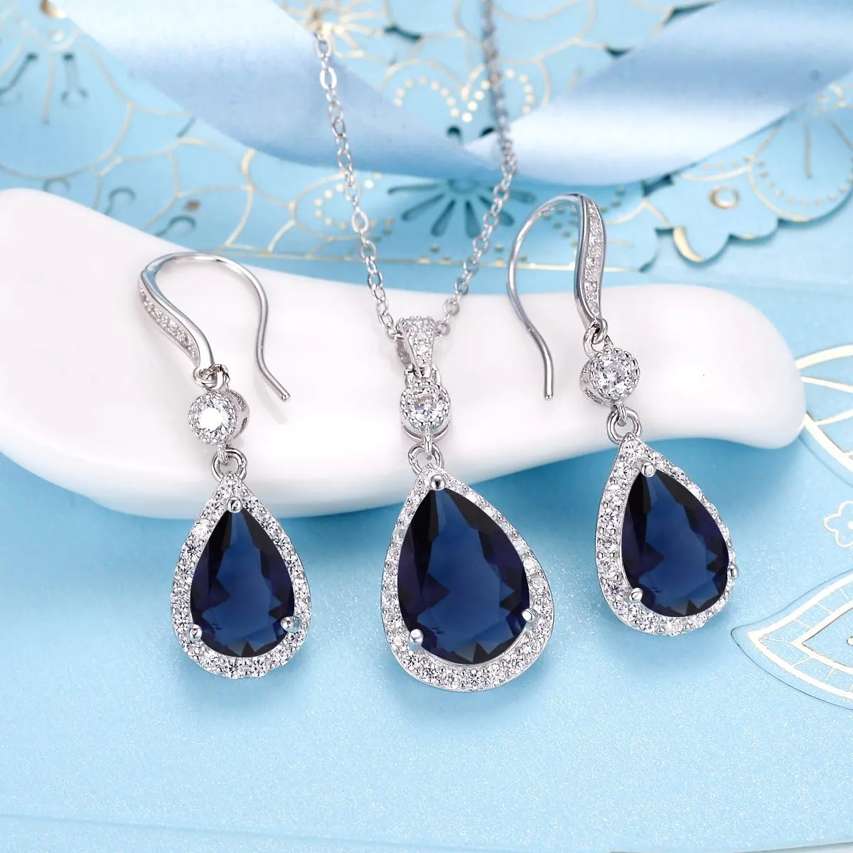 EleQueen 925 Sterling Silver Full Cubic Zirconia Teardrop Bridal Pendant Necklace Hook Dangle Earrings Sets for Women, Valentine's Day/Mother's Day/Christmas Jewelry Gift