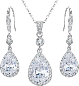 EleQueen 925 Sterling Silver Full Cubic Zirconia Teardrop Bridal Pendant Necklace Hook Dangle Earrings Sets for Women, Valentine's Day/Mother's Day/Christmas Jewelry Gift