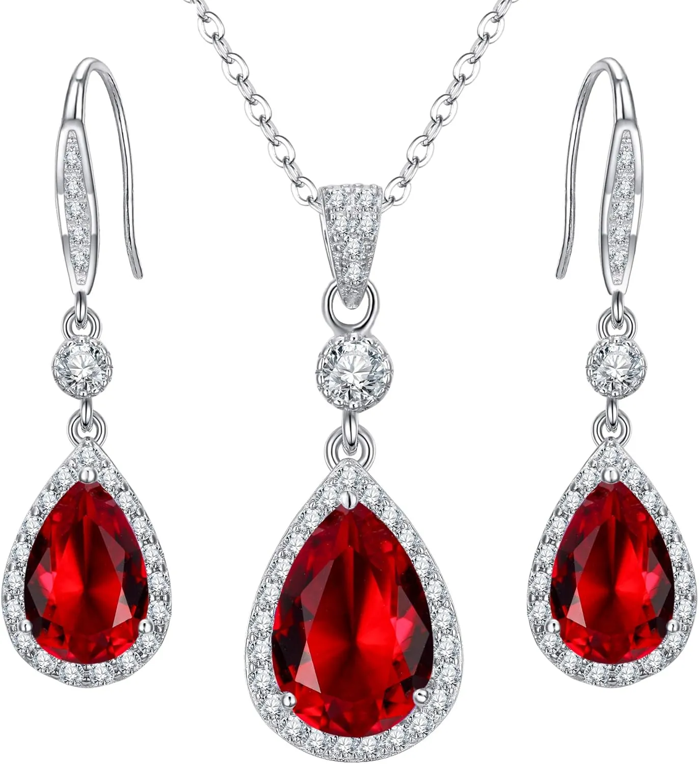 EleQueen 925 Sterling Silver Full Cubic Zirconia Teardrop Bridal Pendant Necklace Hook Dangle Earrings Sets for Women, Valentine's Day/Mother's Day/Christmas Jewelry Gift