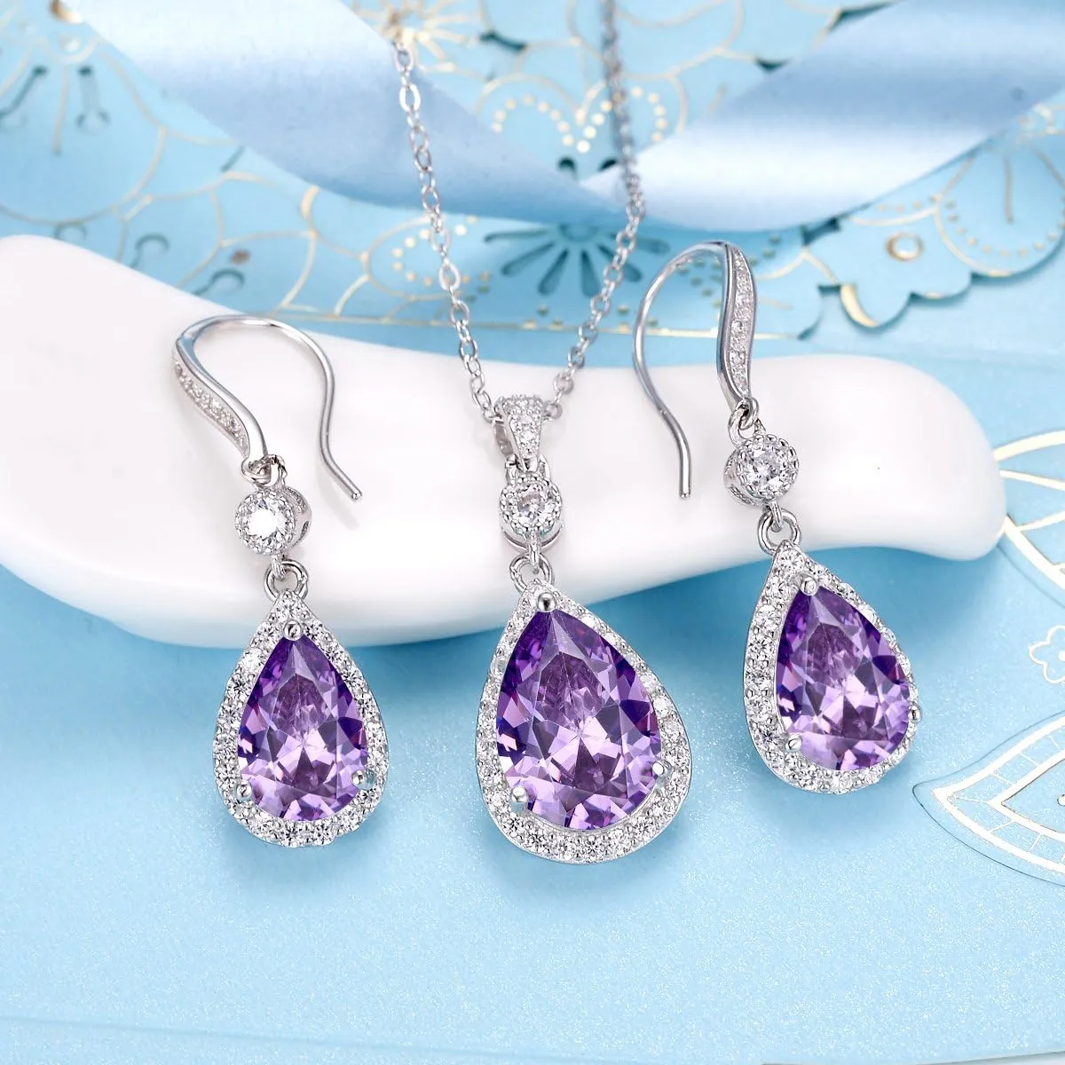 EleQueen 925 Sterling Silver Full Cubic Zirconia Teardrop Bridal Pendant Necklace Hook Dangle Earrings Sets for Women, Valentine's Day/Mother's Day/Christmas Jewelry Gift
