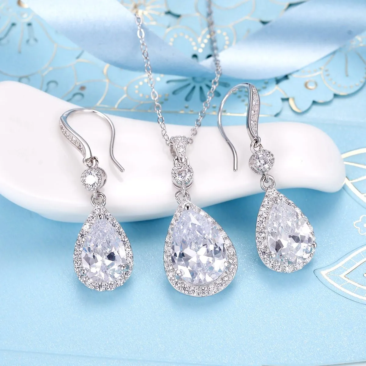 EleQueen 925 Sterling Silver Full Cubic Zirconia Teardrop Bridal Pendant Necklace Hook Dangle Earrings Sets for Women, Valentine's Day/Mother's Day/Christmas Jewelry Gift