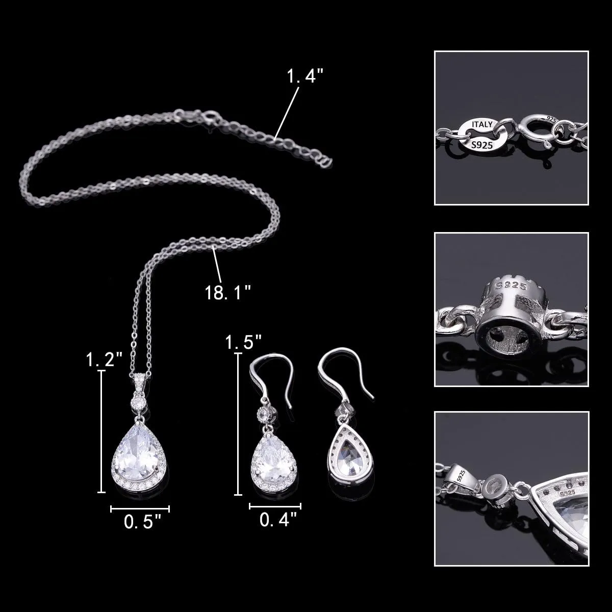EleQueen 925 Sterling Silver Full Cubic Zirconia Teardrop Bridal Pendant Necklace Hook Dangle Earrings Sets for Women, Valentine's Day/Mother's Day/Christmas Jewelry Gift