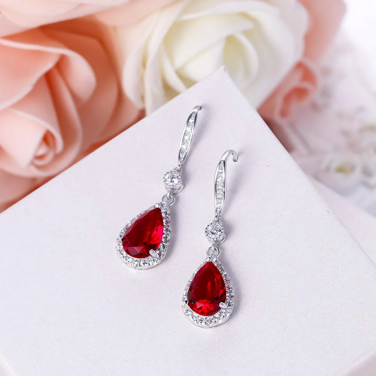 EleQueen 925 Sterling Silver Full Cubic Zirconia Teardrop Bridal Pendant Necklace Hook Dangle Earrings Sets for Women, Valentine's Day/Mother's Day/Christmas Jewelry Gift