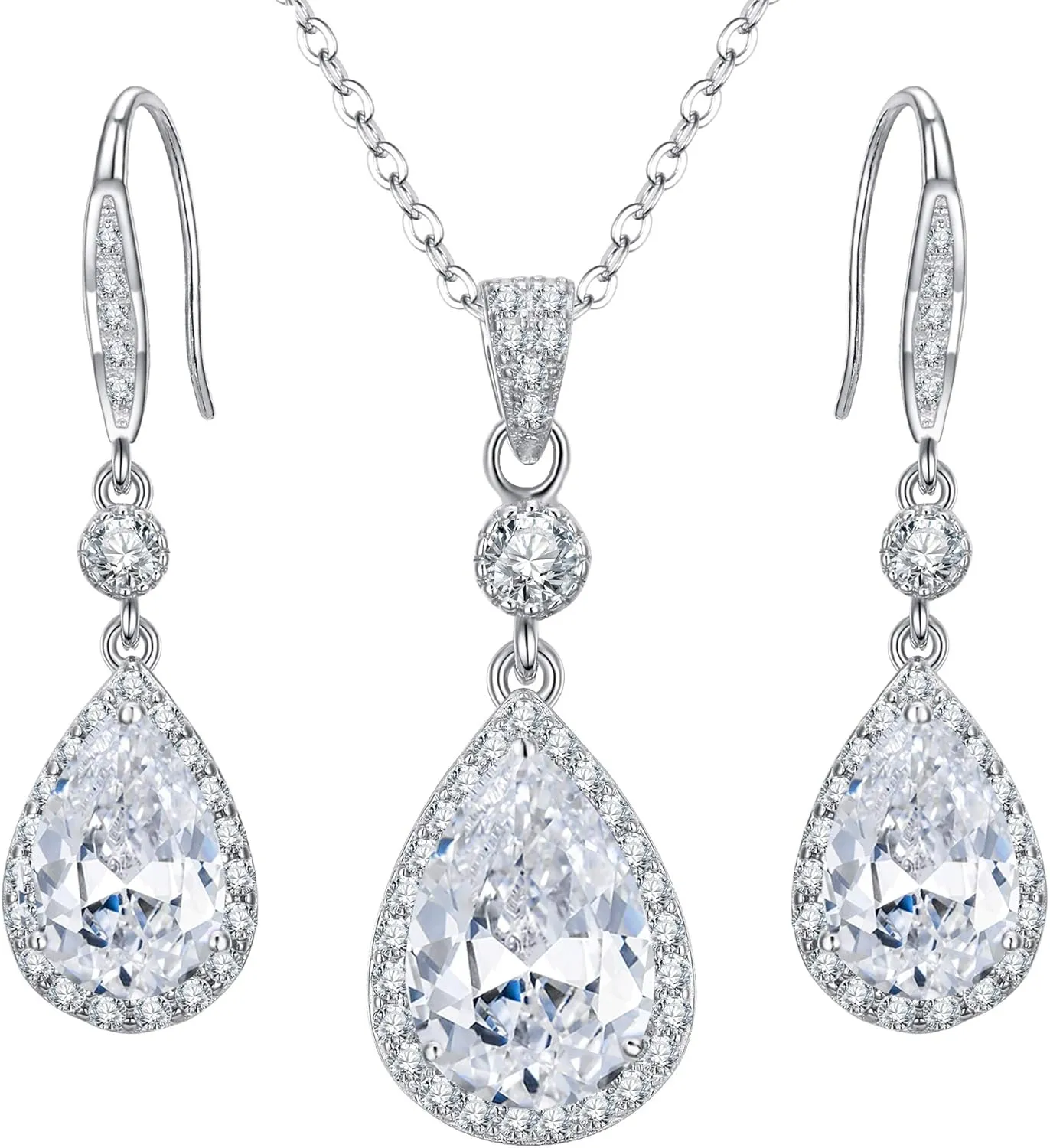 EleQueen 925 Sterling Silver Full Cubic Zirconia Teardrop Bridal Pendant Necklace Hook Dangle Earrings Sets for Women, Valentine's Day/Mother's Day/Christmas Jewelry Gift