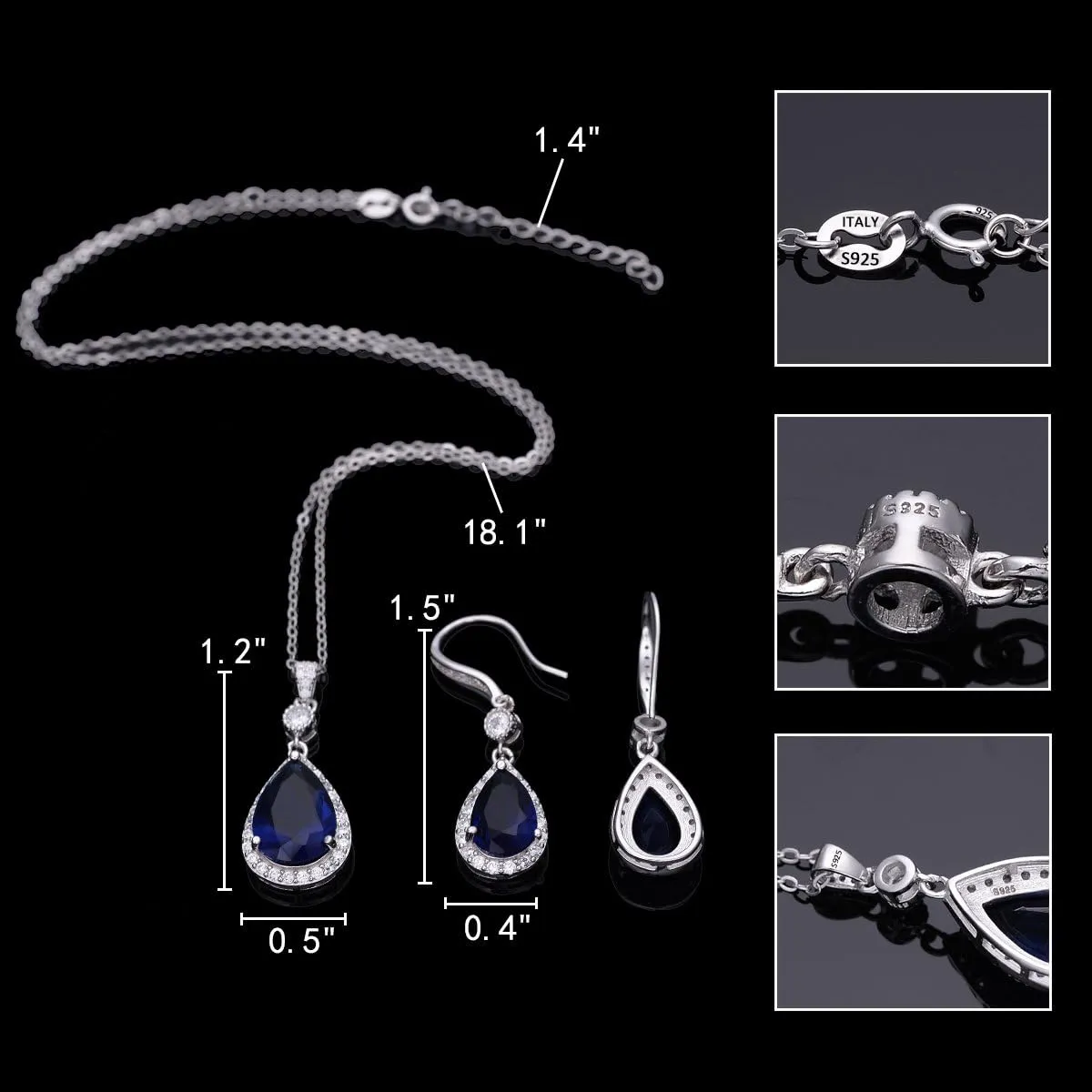 EleQueen 925 Sterling Silver Full Cubic Zirconia Teardrop Bridal Pendant Necklace Hook Dangle Earrings Sets for Women, Valentine's Day/Mother's Day/Christmas Jewelry Gift