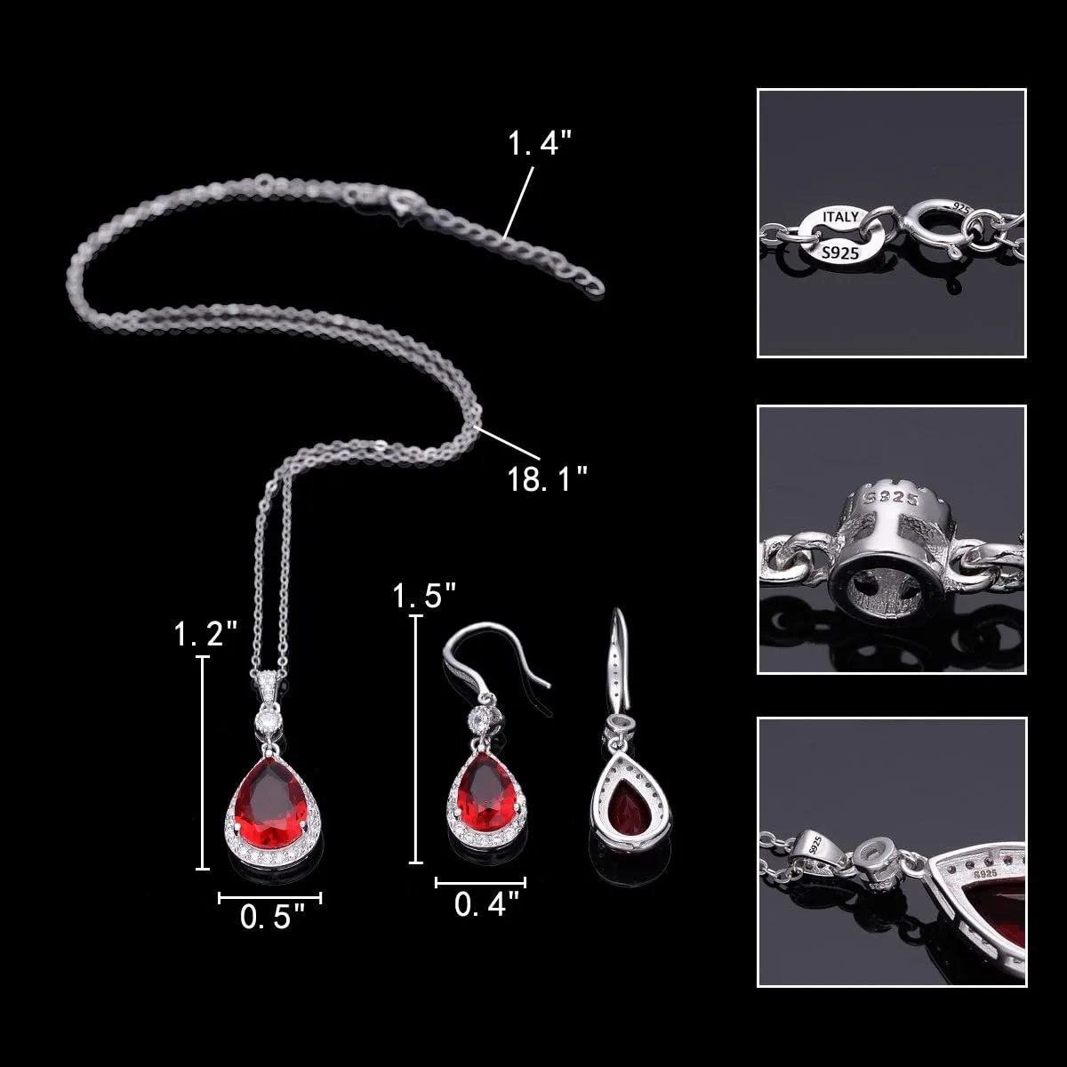 EleQueen 925 Sterling Silver Full Cubic Zirconia Teardrop Bridal Pendant Necklace Hook Dangle Earrings Sets for Women, Valentine's Day/Mother's Day/Christmas Jewelry Gift