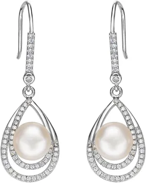 EleQueen Teardrop Dangle Earrings Sterling Silver CZ Cream Freshwater Cultured Pearl Wedding Bridal Earrings for Women Girls, Valentine's Day/Mother's Day/Christmas Jewelry Gift for Wife/Mom