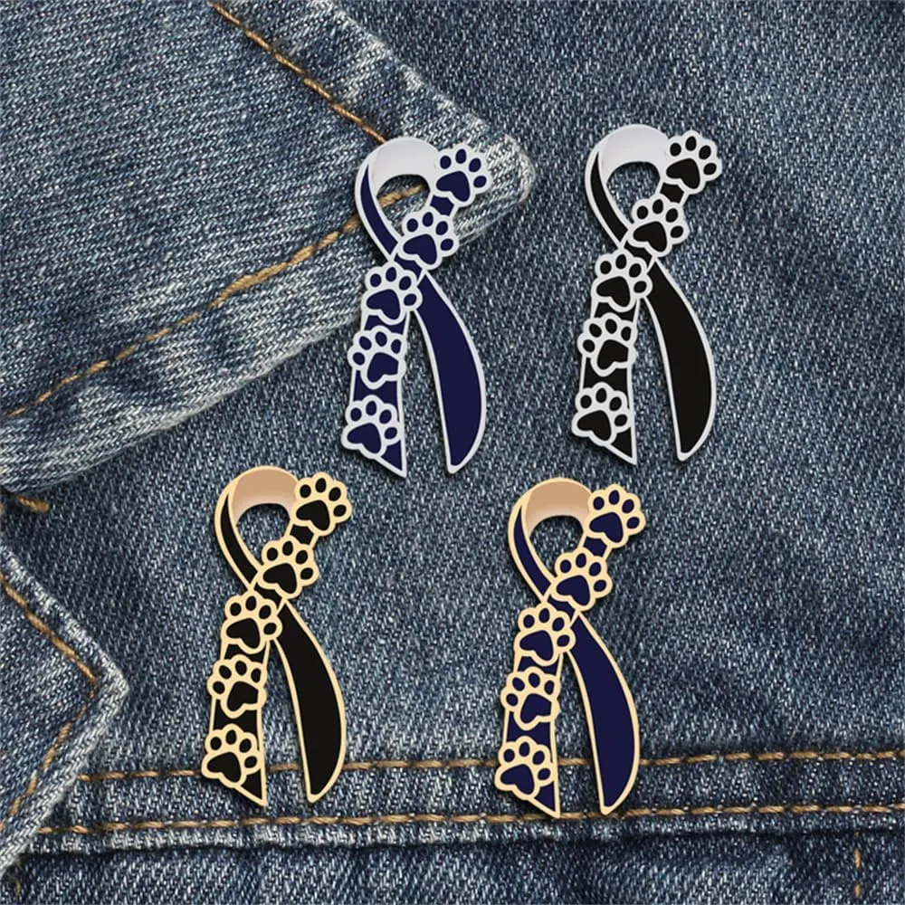 Enamel Paw Ribbon Brooch for Women Girls Small Cute Dog Cat Print Paw Crawler Climber Silk Breast Cancer Awareness Brooches Lapel Pins Unique Hypoallergenic Dress Accessories Jewelry Souvenir