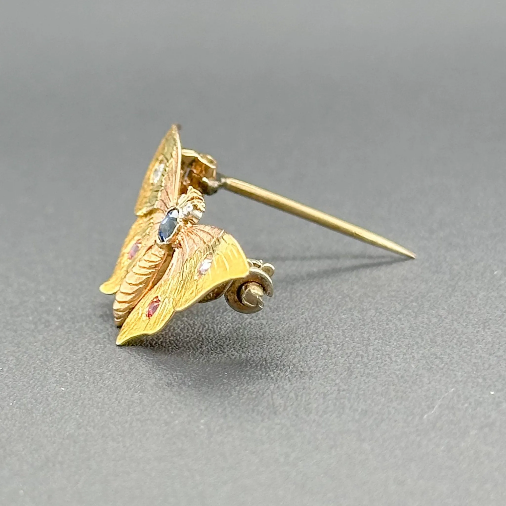 Estate 13K Tri-Color Gold 0.06cttw Ruby, 0.09ct Sapphire, 0.06cttw H-I/SI1 Diamond Butterfly Pin