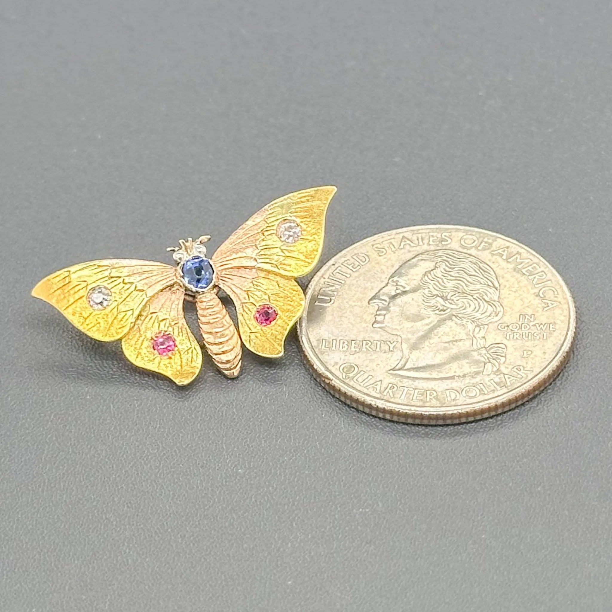Estate 13K Tri-Color Gold 0.06cttw Ruby, 0.09ct Sapphire, 0.06cttw H-I/SI1 Diamond Butterfly Pin