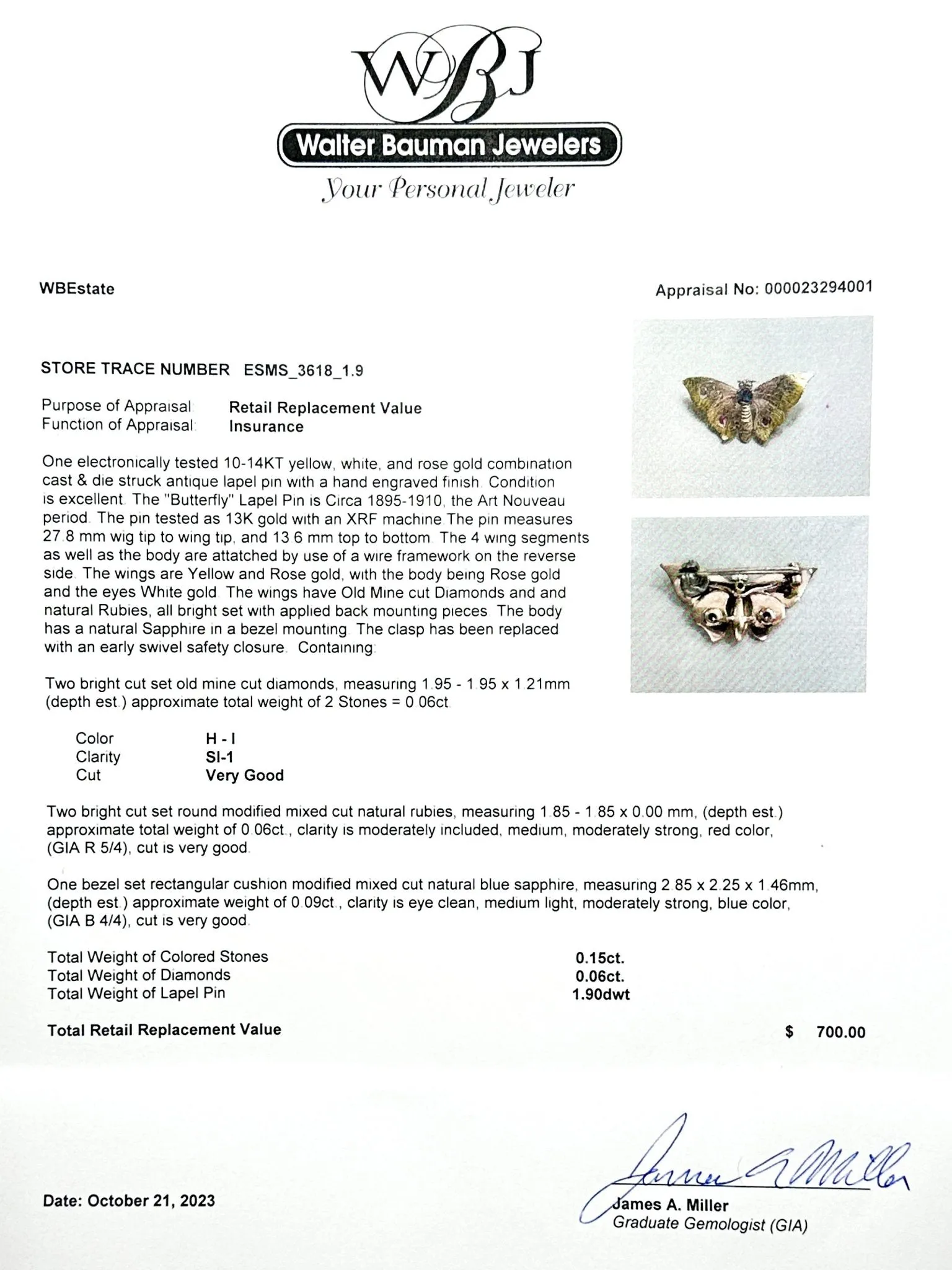 Estate 13K Tri-Color Gold 0.06cttw Ruby, 0.09ct Sapphire, 0.06cttw H-I/SI1 Diamond Butterfly Pin