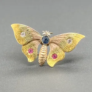Estate 13K Tri-Color Gold 0.06cttw Ruby, 0.09ct Sapphire, 0.06cttw H-I/SI1 Diamond Butterfly Pin
