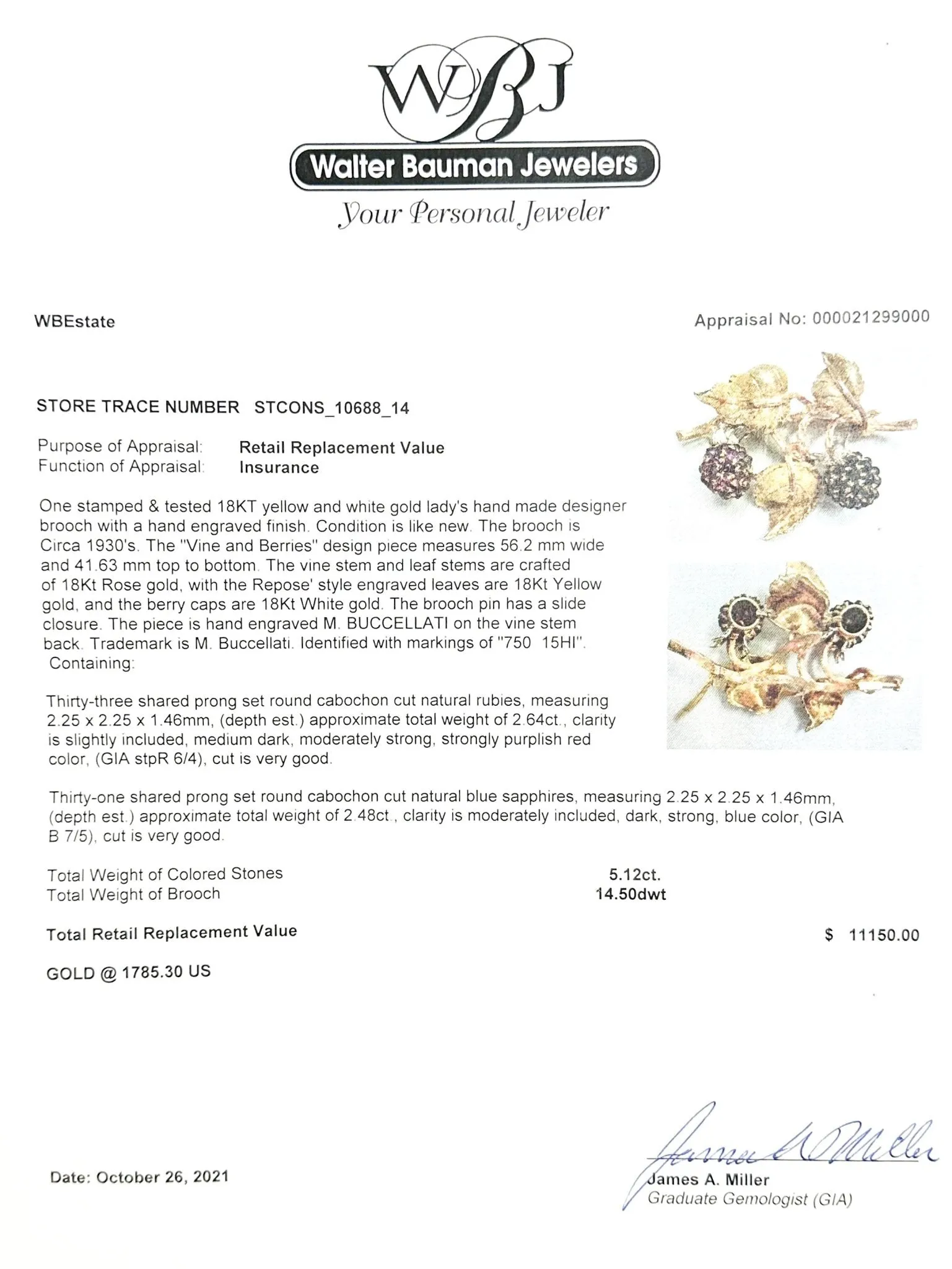 Estate Buccellati 18K Y Gold 5.12ctw Ruby & Sapphire Grape Brooch