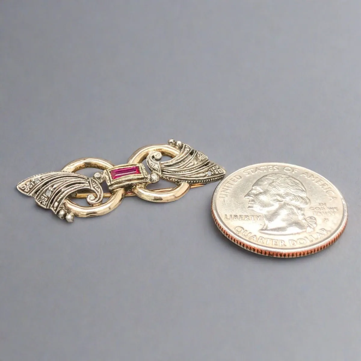 Estate Edwardian 14K R Gold 0.17ct Lab-Created Ruby & Diamond Bow Brooch