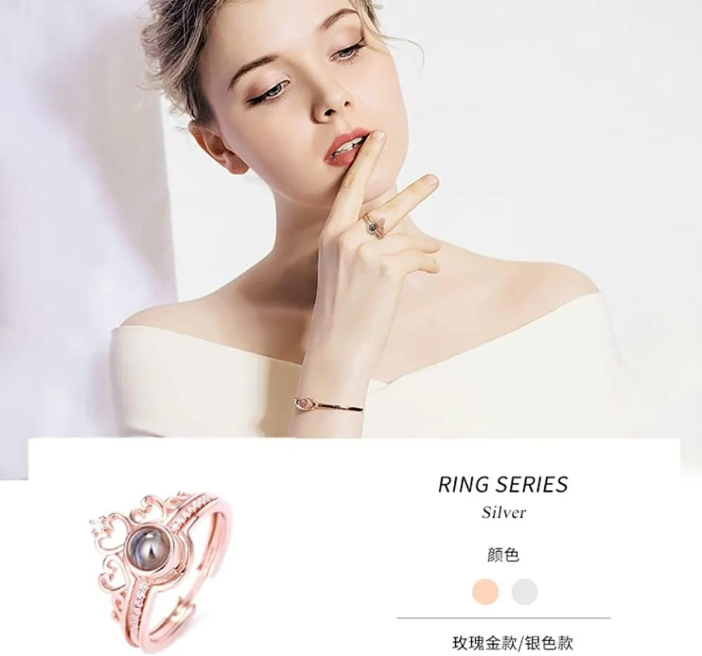 Eternity Love Memory Projection Crown Rings I Love You in 100 Languages Engagement Rings Princess Bride Romantic Wedding Jewelry Open Ring Enhancers Resizable