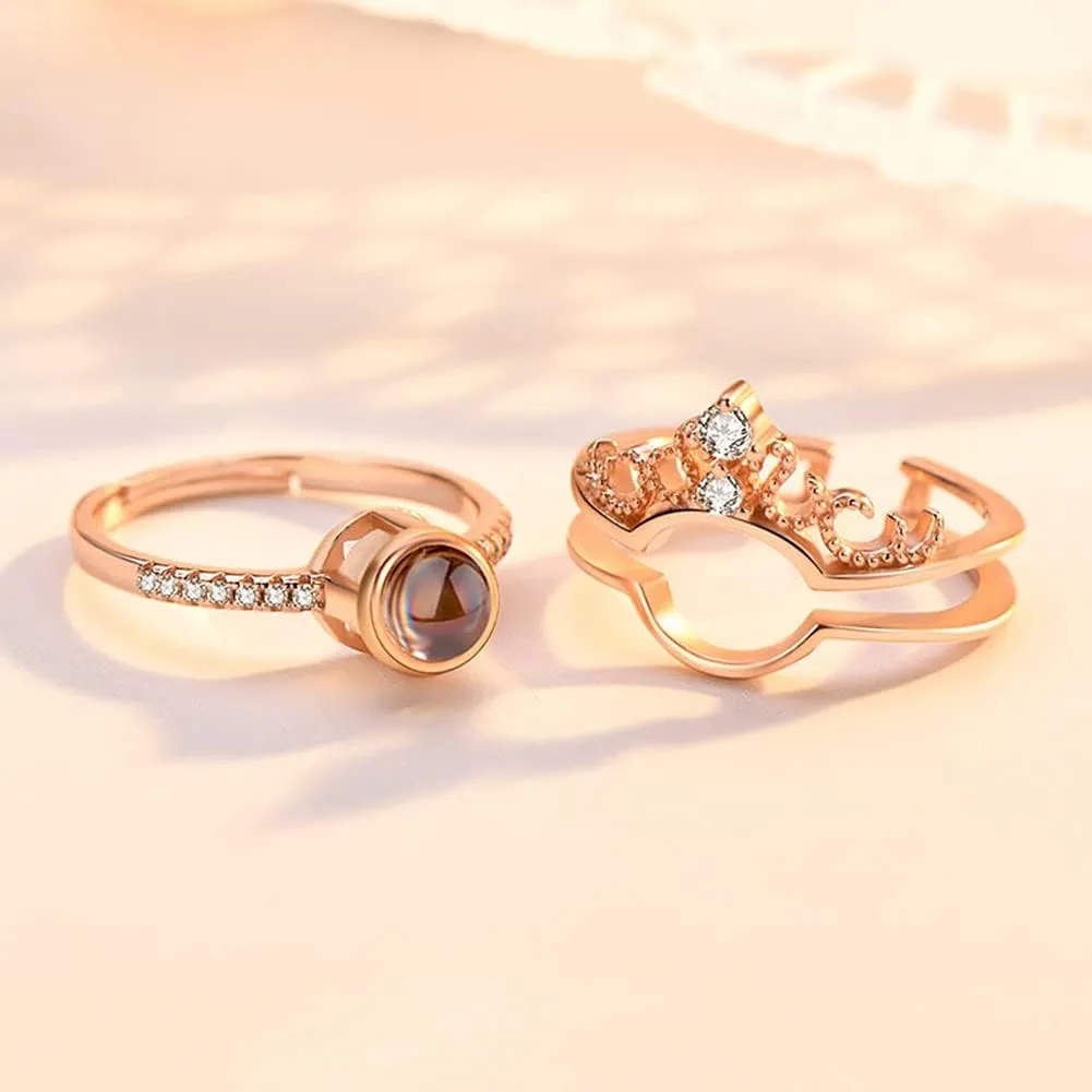 Eternity Love Memory Projection Crown Rings I Love You in 100 Languages Engagement Rings Princess Bride Romantic Wedding Jewelry Open Ring Enhancers Resizable