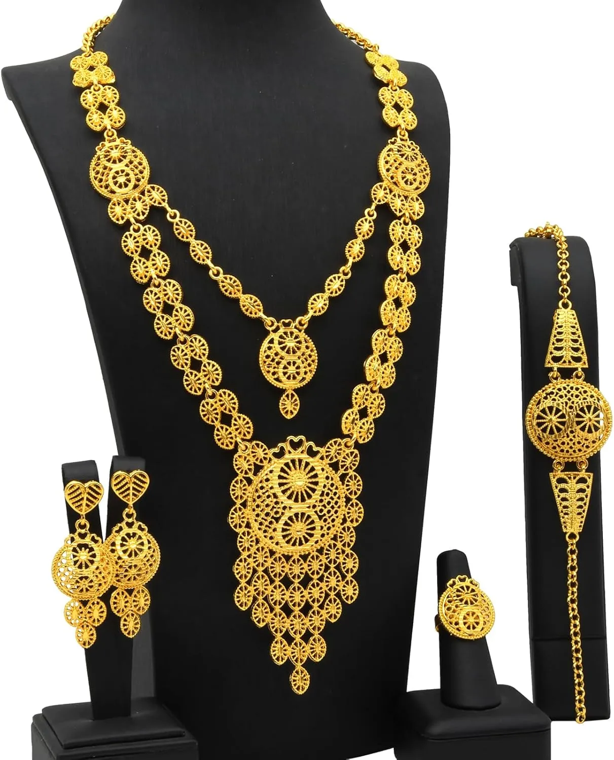 Ethiopian Tassel 24k Gold Plated Jewelry Sets For Women Arabic Wedding Indian Bridal Dubai Necklace Earrings Bracelet Ring Set for Lady Wife Mother