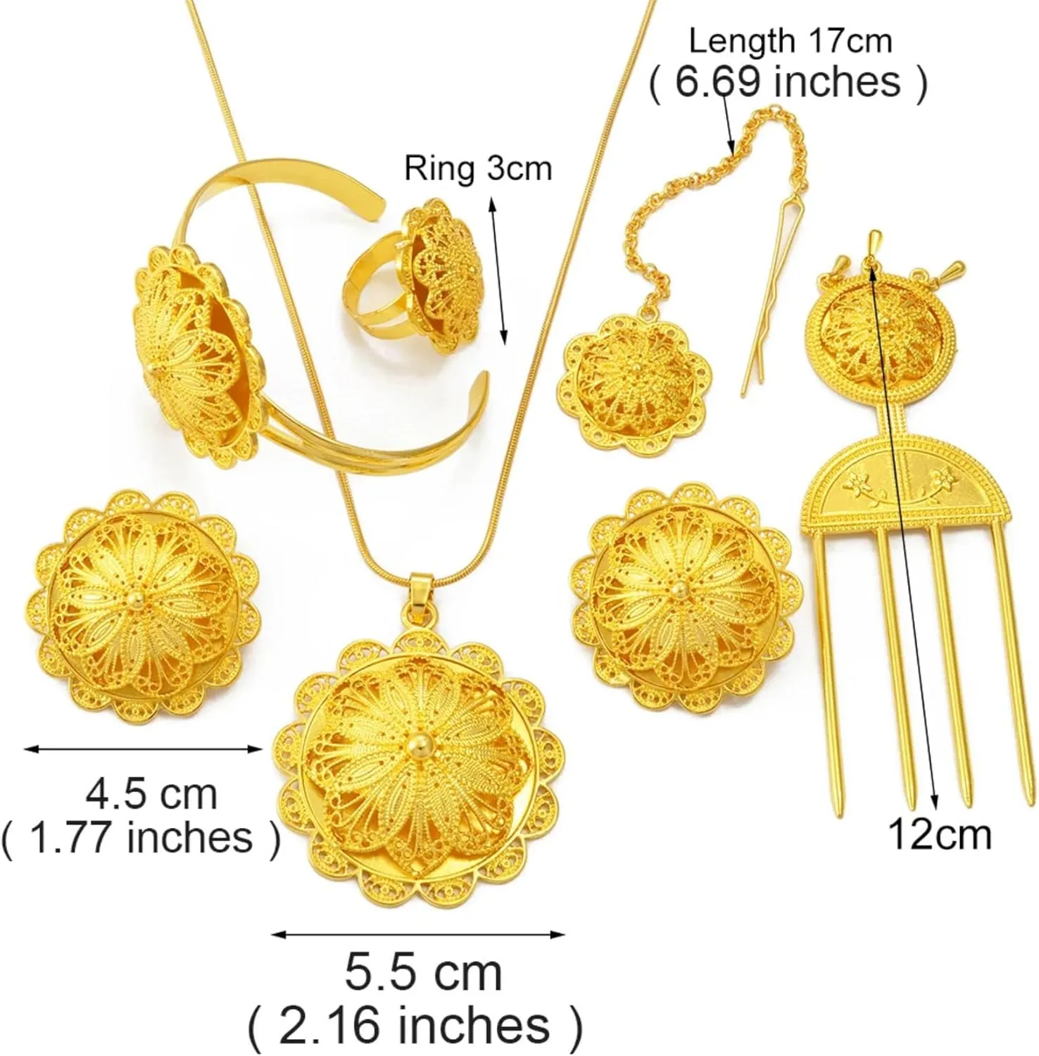 Ethiopian Traditional Jewelry | Eritrean Jewelry for Women Set | Ethiopian African Jewelry Wedding Sets 6pcs Includes Earrings, Necklace Pendant, Ring, Bangle, Hair Chain, Hairpin