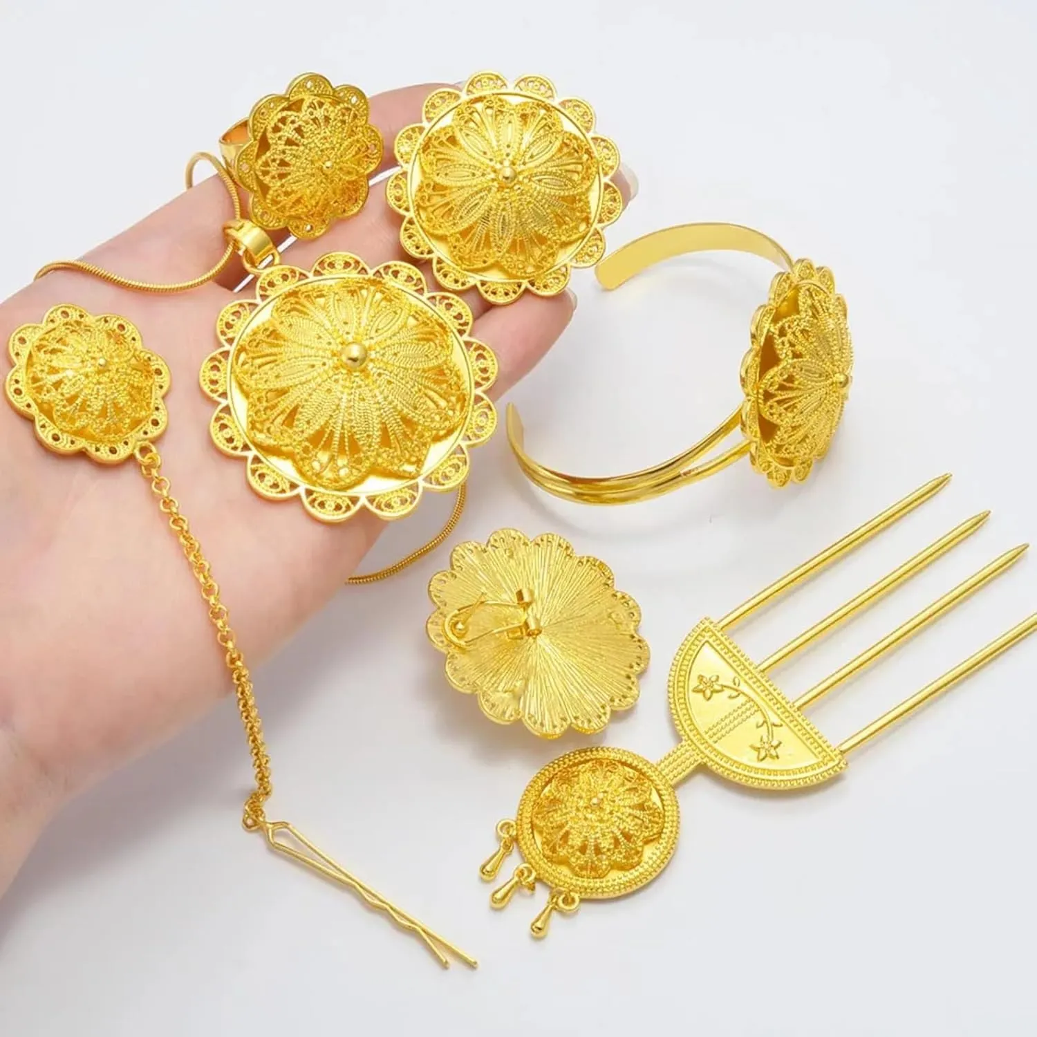 Ethiopian Traditional Jewelry | Eritrean Jewelry for Women Set | Ethiopian African Jewelry Wedding Sets 6pcs Includes Earrings, Necklace Pendant, Ring, Bangle, Hair Chain, Hairpin