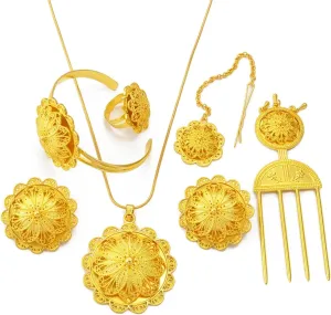 Ethiopian Traditional Jewelry | Eritrean Jewelry for Women Set | Ethiopian African Jewelry Wedding Sets 6pcs Includes Earrings, Necklace Pendant, Ring, Bangle, Hair Chain, Hairpin