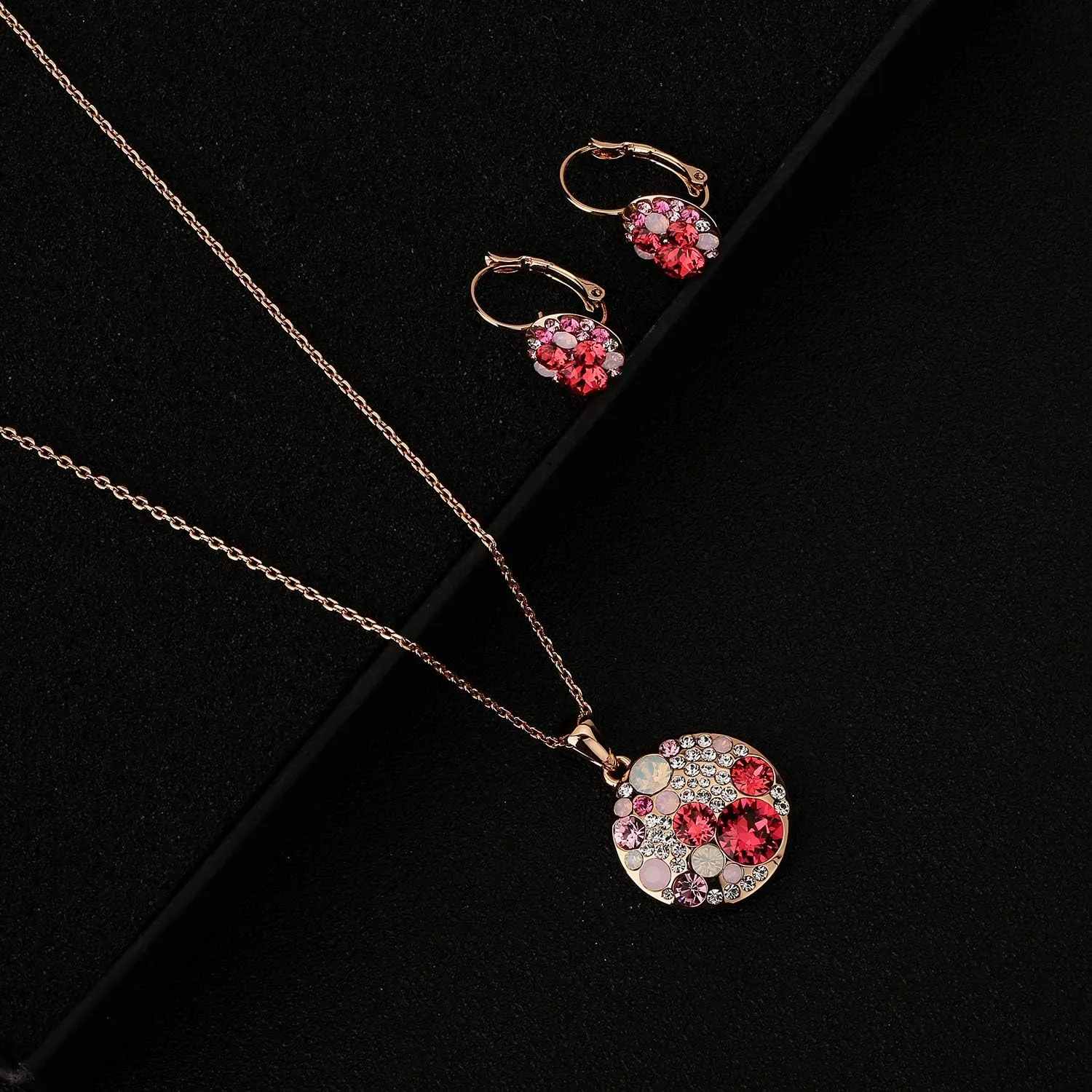 EVEVIC Austrian Crystals Round Disc Pendant Necklace Earrings for Women 14K Gold Plated Hypoallergenic Jewelry Sets