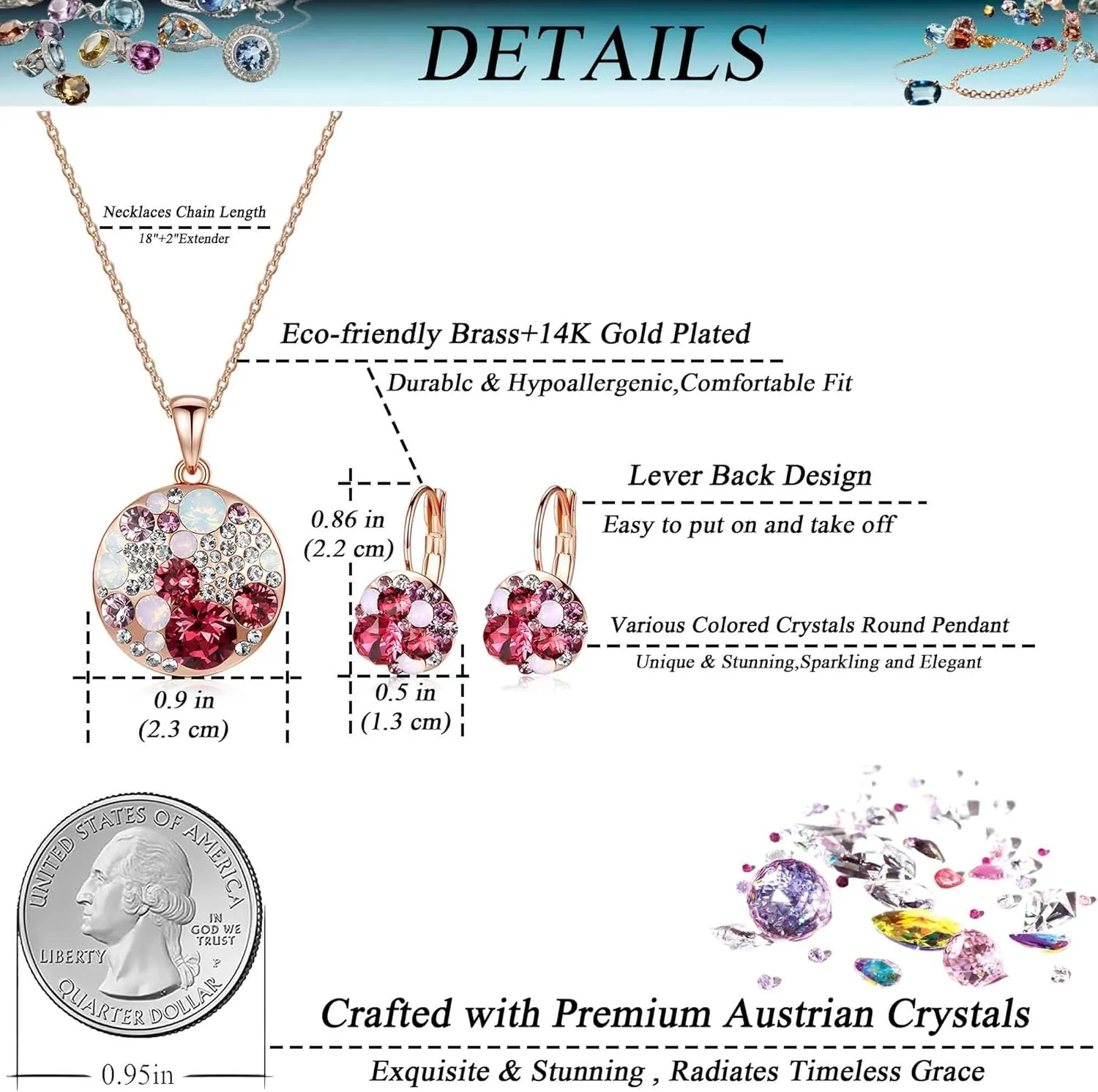 EVEVIC Austrian Crystals Round Disc Pendant Necklace Earrings for Women 14K Gold Plated Hypoallergenic Jewelry Sets