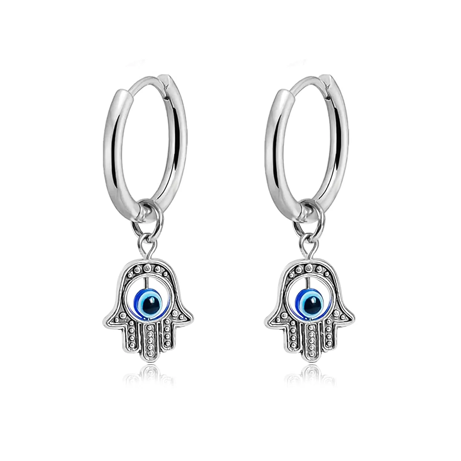 Evil Eye Hoop Earrings for women, Hamsa Earrings Small Dangle Hoop Earrings Hypoallergenic Hamsa Huggie Hoop Earrings (Silver-Hamsa)