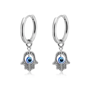 Evil Eye Hoop Earrings for women, Hamsa Earrings Small Dangle Hoop Earrings Hypoallergenic Hamsa Huggie Hoop Earrings (Silver-Hamsa)
