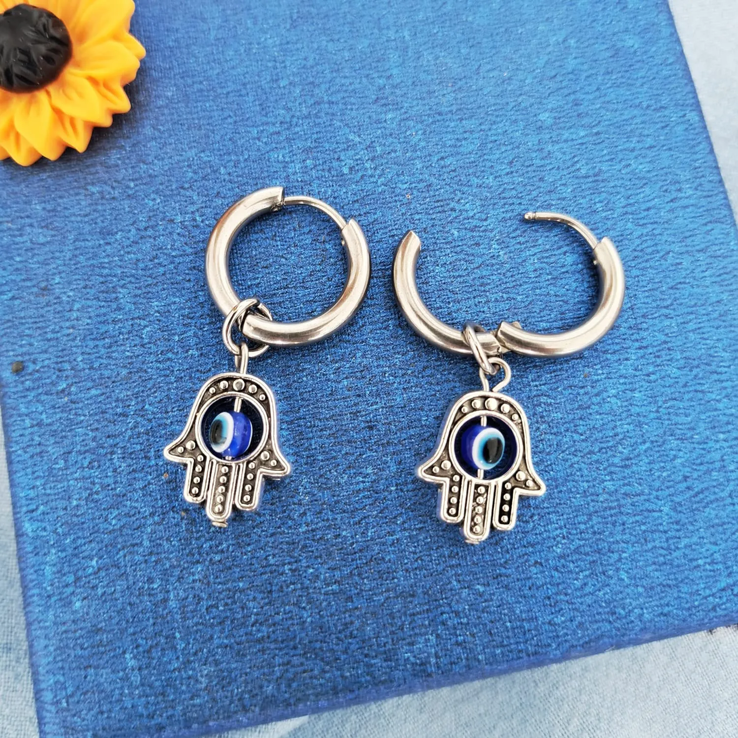 Evil Eye Hoop Earrings for women, Hamsa Earrings Small Dangle Hoop Earrings Hypoallergenic Hamsa Huggie Hoop Earrings (Silver-Hamsa)