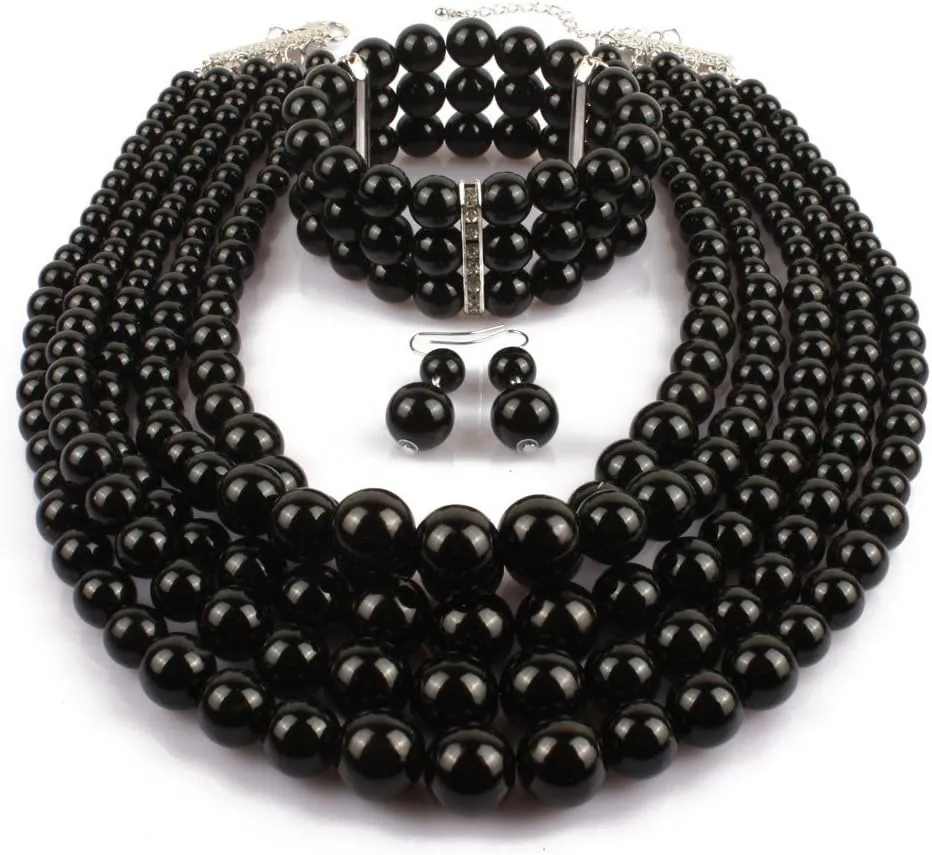 Exaggerated Imitation pearl multi-layer Necklace bracelet earring Large pearl necklace Wedding jewelry set for Women's and girls giftsMulticolor optional