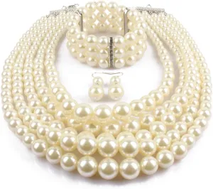 Exaggerated Imitation pearl multi-layer Necklace bracelet earring Large pearl necklace Wedding jewelry set for Women's and girls giftsMulticolor optional