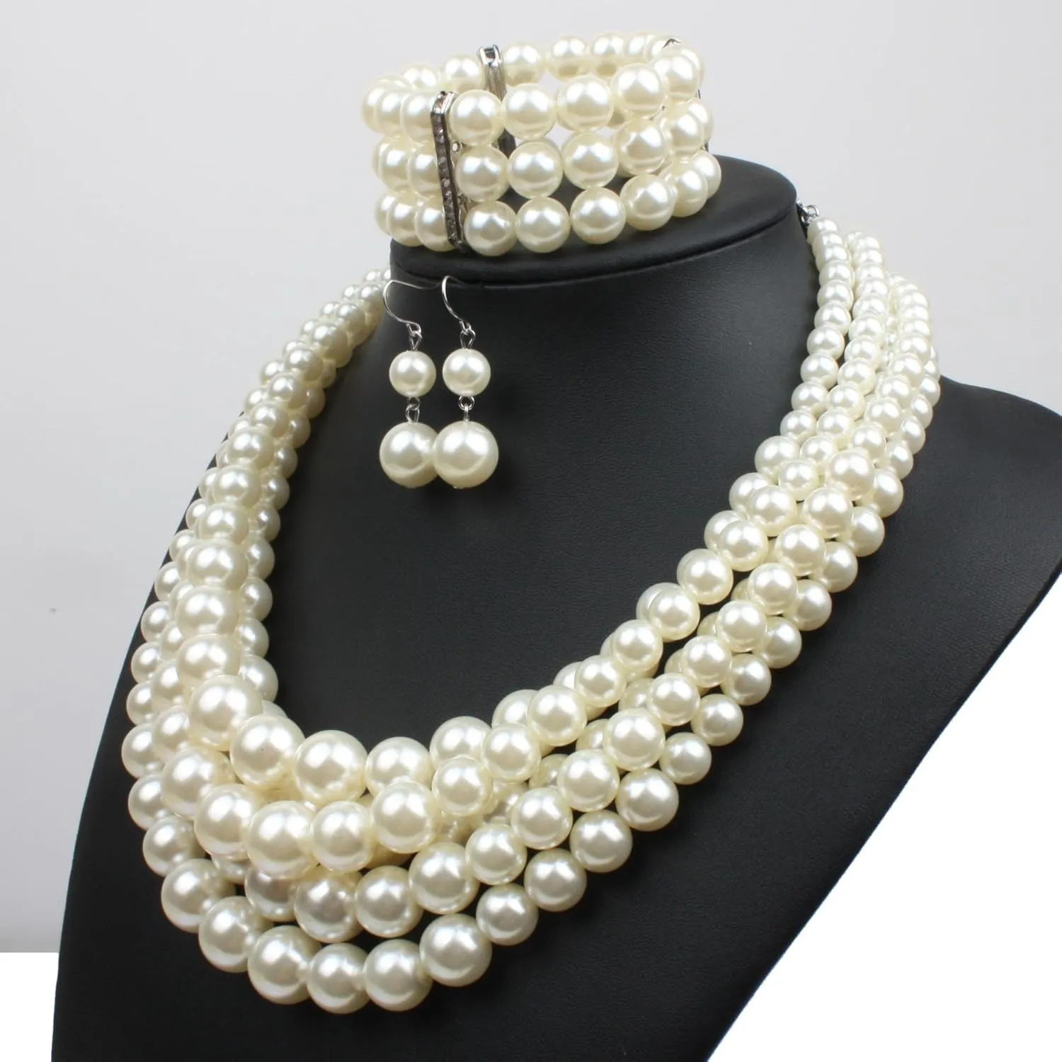 Exaggerated Imitation pearl multi-layer Necklace bracelet earring Large pearl necklace Wedding jewelry set for Women's and girls giftsMulticolor optional