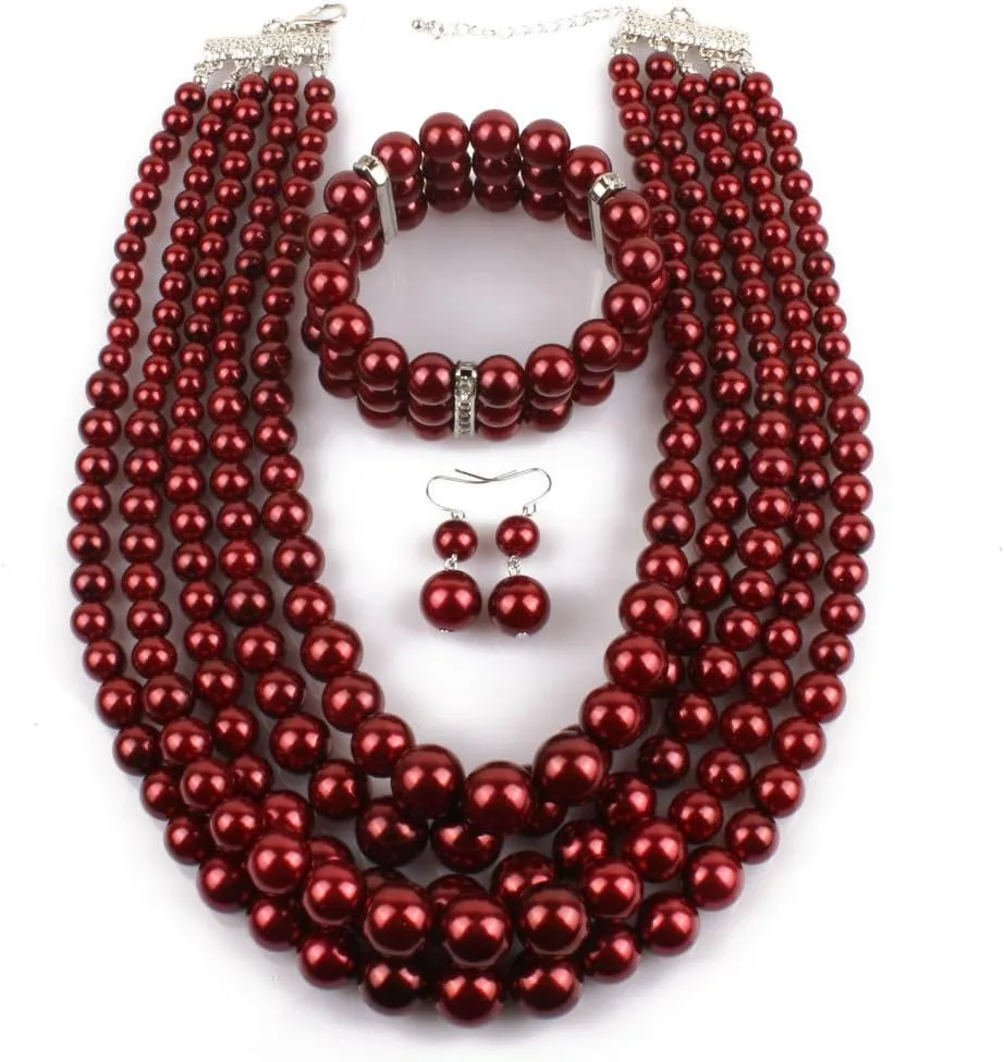 Exaggerated Imitation pearl multi-layer Necklace bracelet earring Large pearl necklace Wedding jewelry set for Women's and girls giftsMulticolor optional