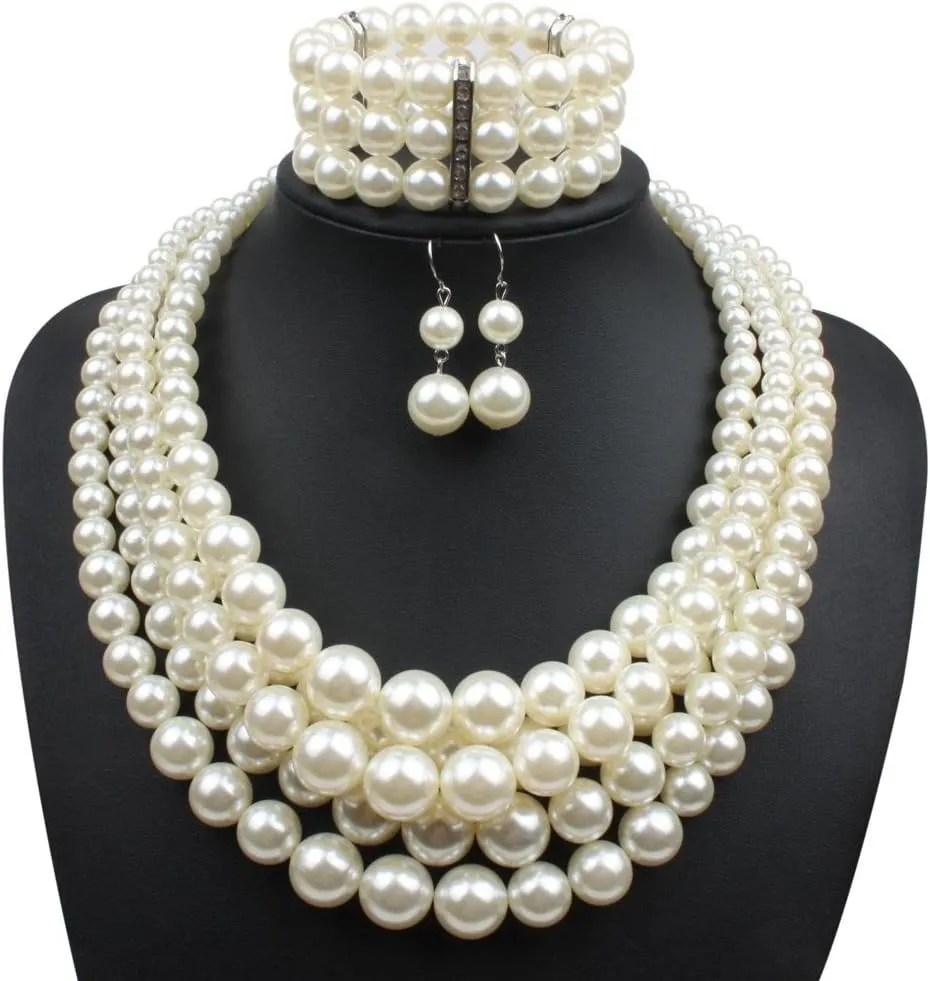 Exaggerated Imitation pearl multi-layer Necklace bracelet earring Large pearl necklace Wedding jewelry set for Women's and girls giftsMulticolor optional