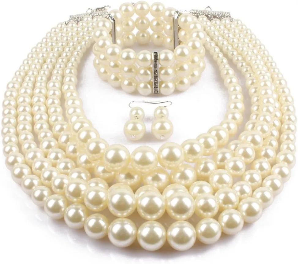 Exaggerated Imitation pearl multi-layer Necklace bracelet earring Large pearl necklace Wedding jewelry set for Women's and girls giftsMulticolor optional