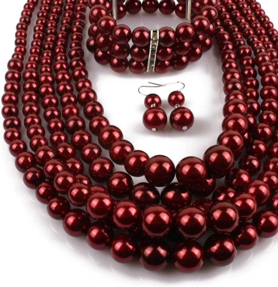 Exaggerated Imitation pearl multi-layer Necklace bracelet earring Large pearl necklace Wedding jewelry set for Women's and girls giftsMulticolor optional