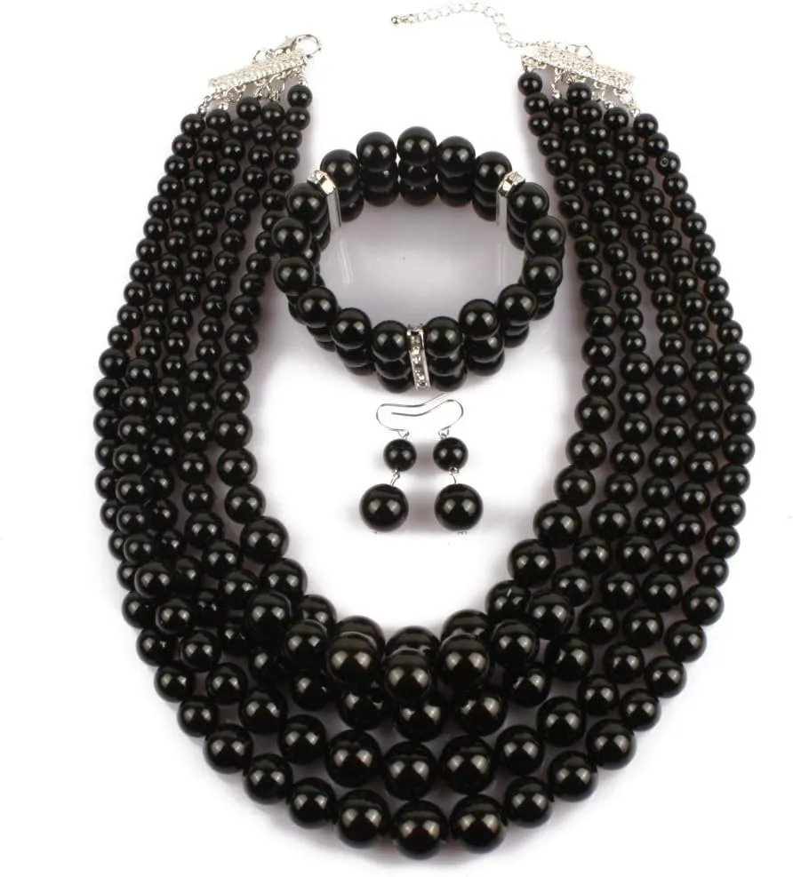 Exaggerated Imitation pearl multi-layer Necklace bracelet earring Large pearl necklace Wedding jewelry set for Women's and girls giftsMulticolor optional